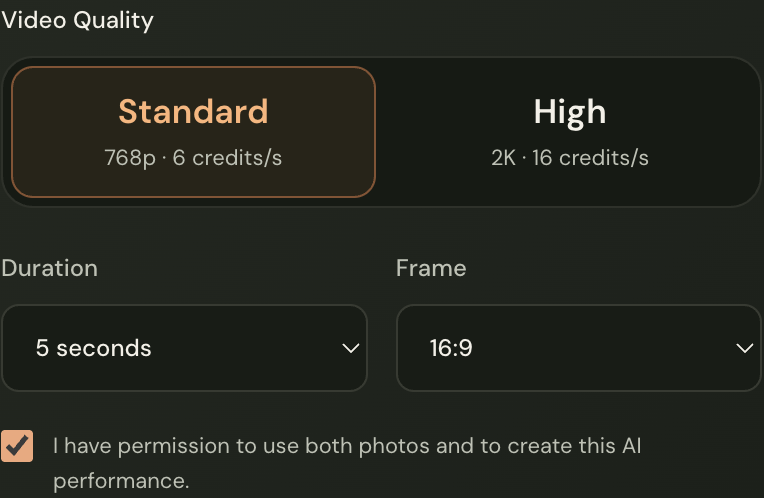Hotel Lobby AI settings showing video quality, duration, frame, and the permission checkbox.